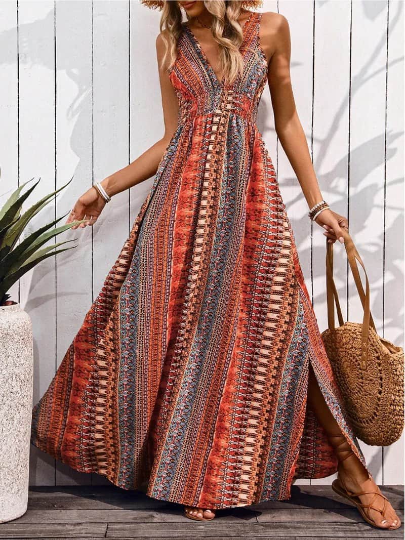 Boho Print V Neck Maxi Dress with Smocked Waist