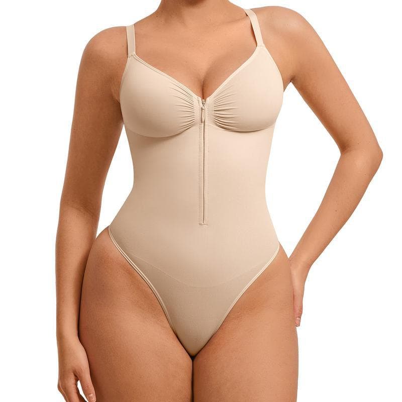 Front Zipper V-Neck Seamless Bodysuit Shapewear