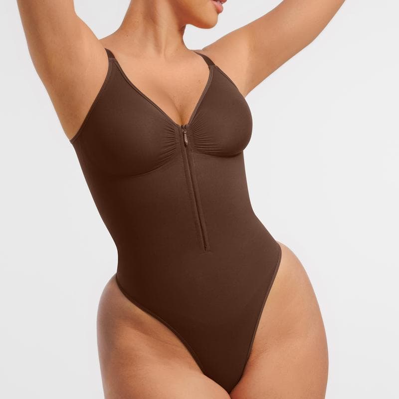 Front Zipper V-Neck Seamless Bodysuit Shapewear