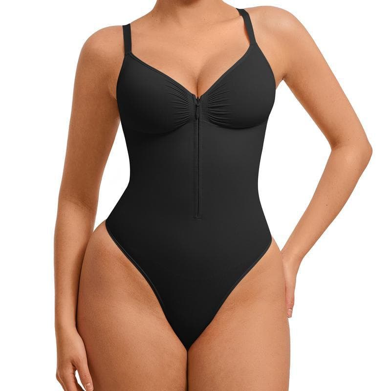 Front Zipper V-Neck Seamless Bodysuit Shapewear