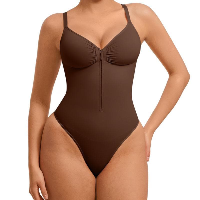 Front Zipper V-Neck Seamless Bodysuit Shapewear