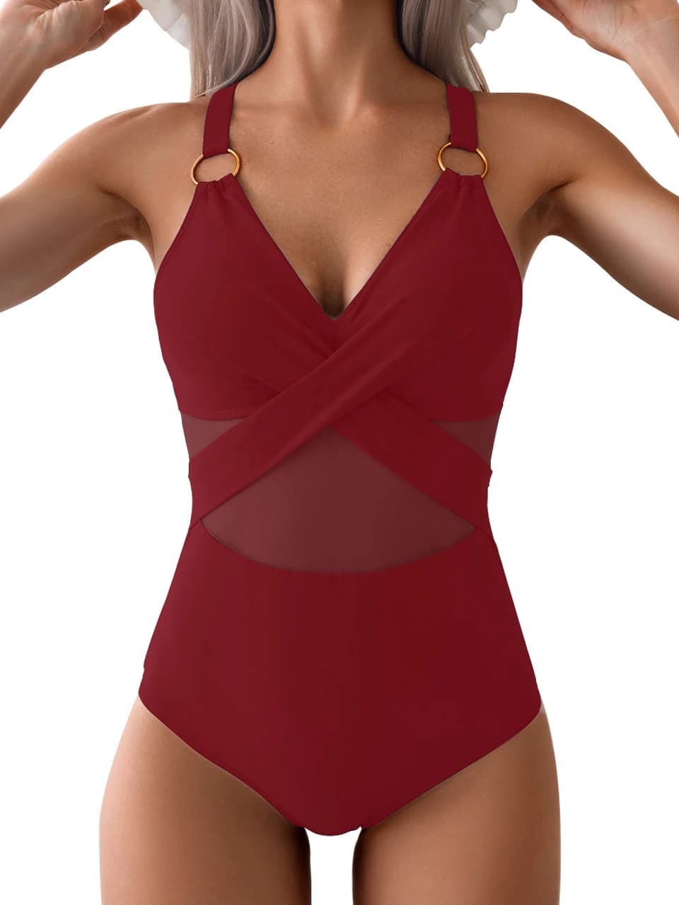 Ring Link Mesh Panel Wrap Front One Piece Swimsuit