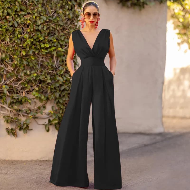 High Waist Wide Leg V-Neck Sleeveless Jumpsuit