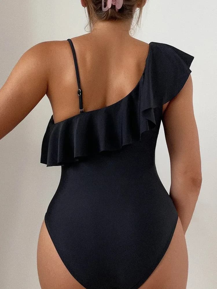 Asymmetric One Shoulder Ruffle Mesh Panel Swimsuit