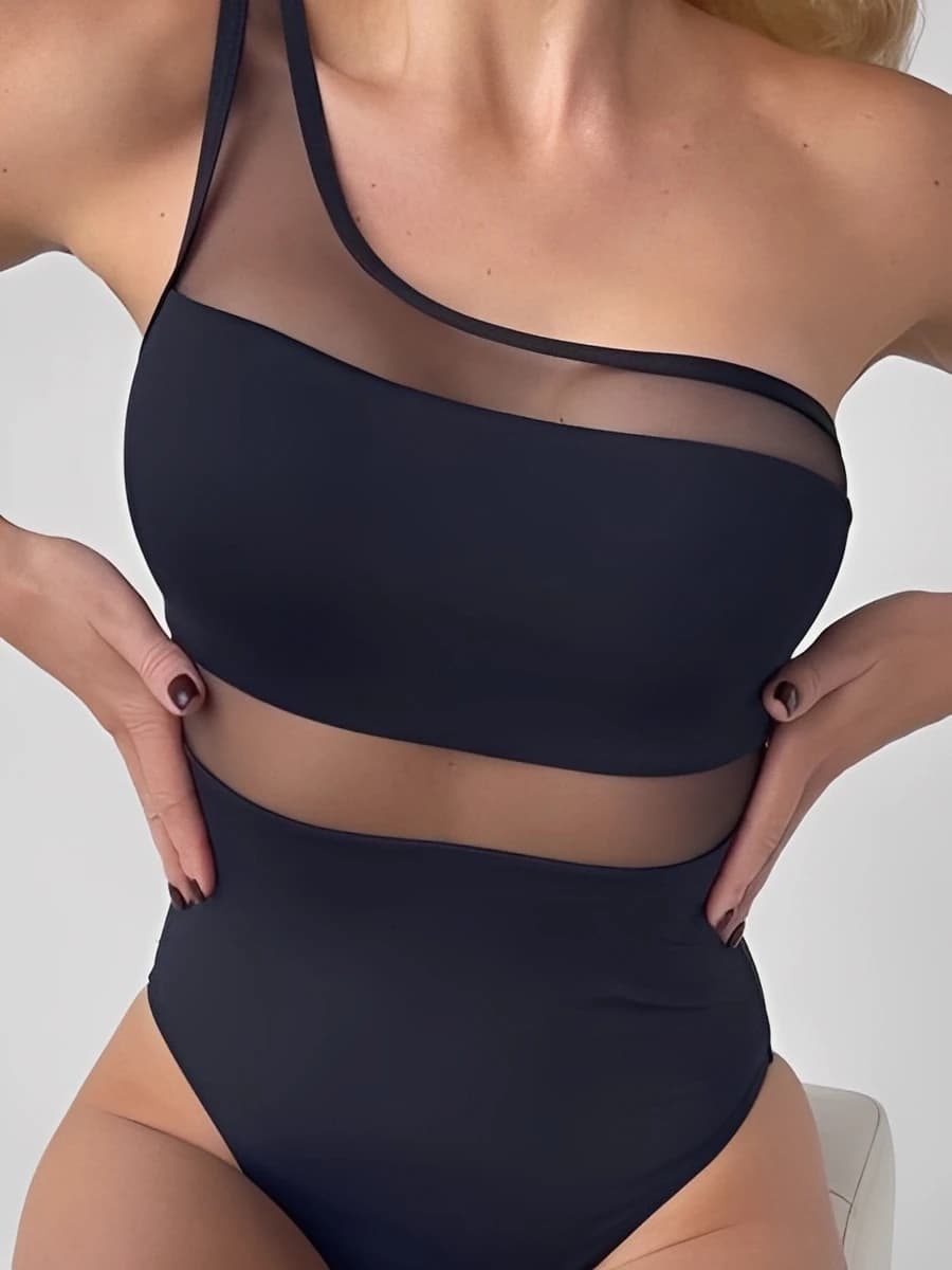 One Shoulder Mesh Panel Swimsuit