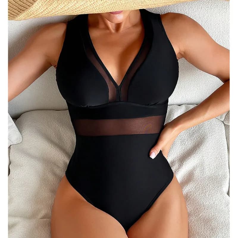 High Neck Mesh Panel Keyhole Back One Piece Swimsuit