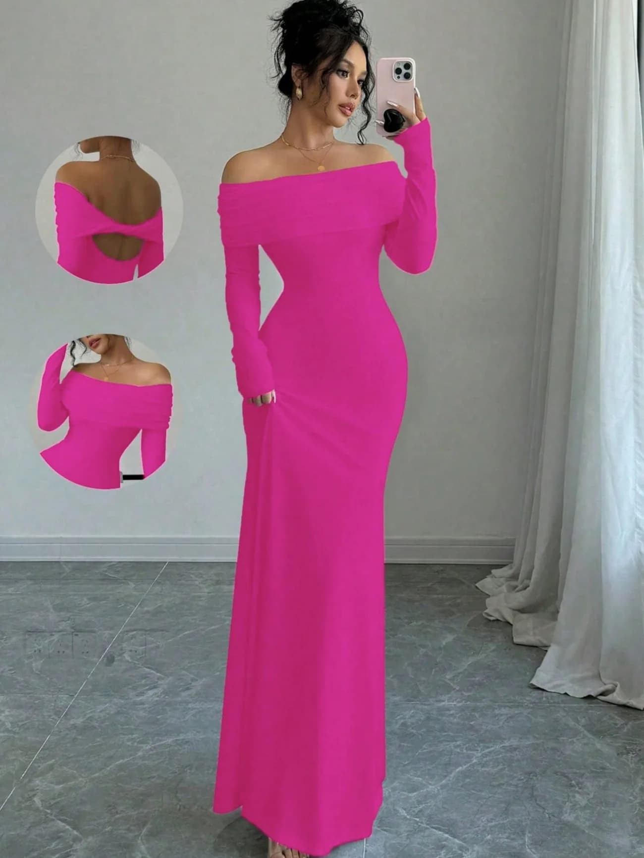Off-Shoulder Ruched Satin Floor-Length Evening Gown