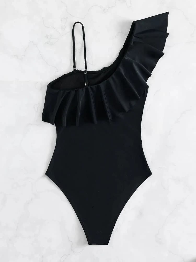 Asymmetric One Shoulder Ruffle Mesh Panel Swimsuit