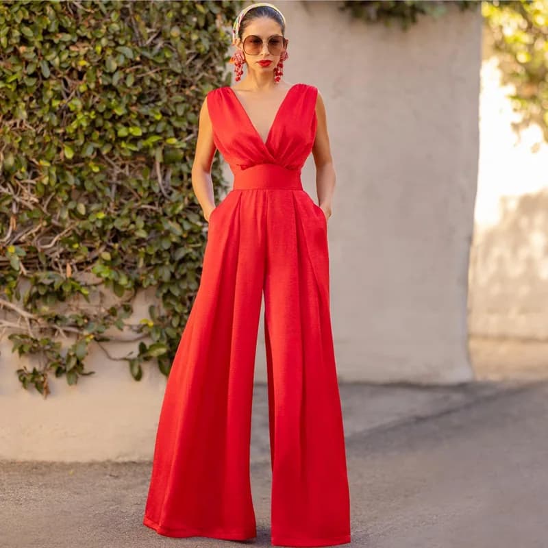 V-Neck Wide-Leg High-Waist Jumpsuit