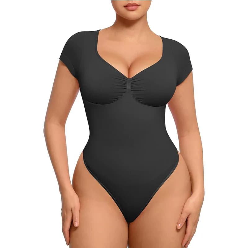 Short Sleeve V Neck Postpartum/Tummy Control - Hip Lifting Shapewear Bodysuit