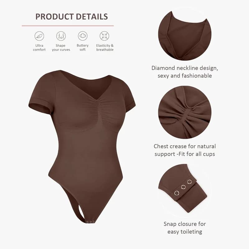 Short Sleeve V Neck Postpartum/Tummy Control - Hip Lifting Shapewear Bodysuit