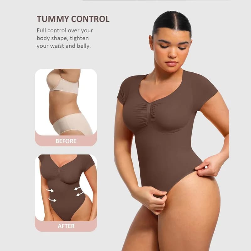 Short Sleeve V Neck Postpartum/Tummy Control - Hip Lifting Shapewear Bodysuit