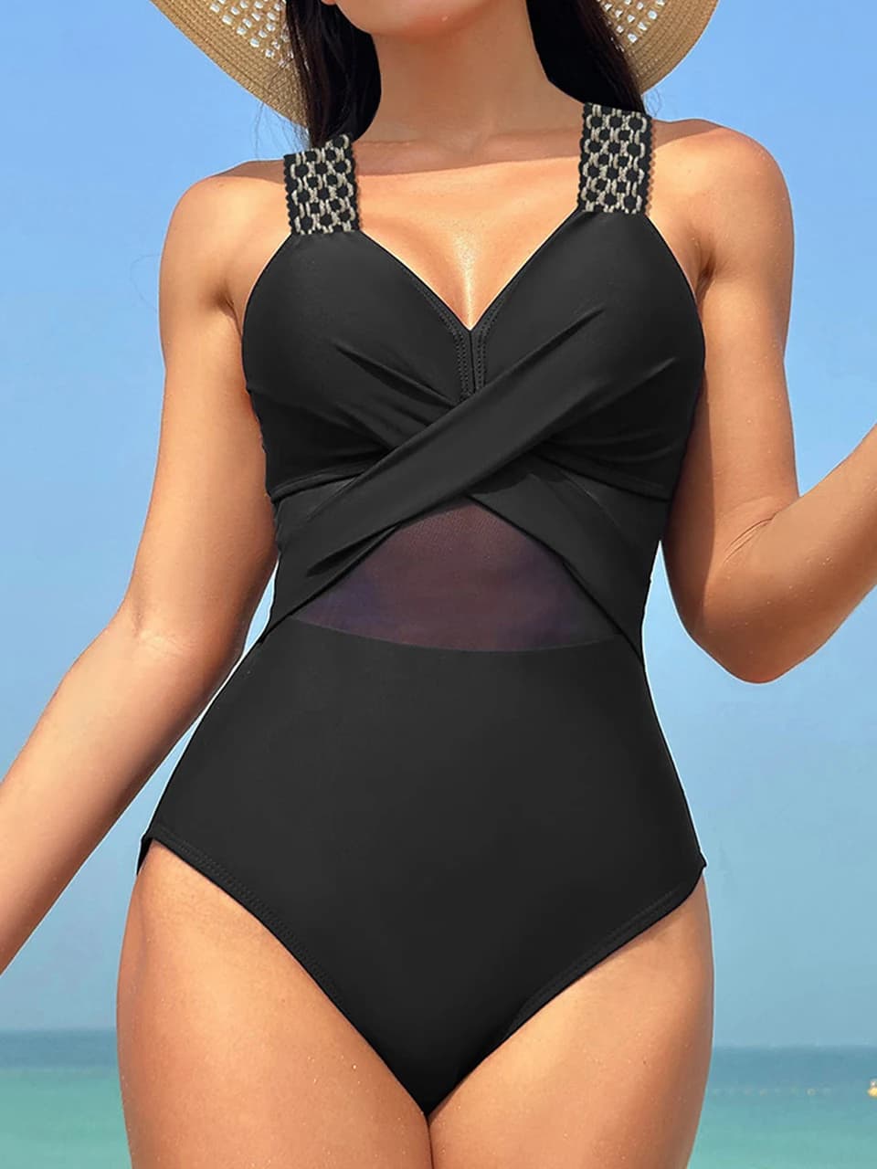 Ring Link Mesh Panel Wrap Front One Piece Swimsuit