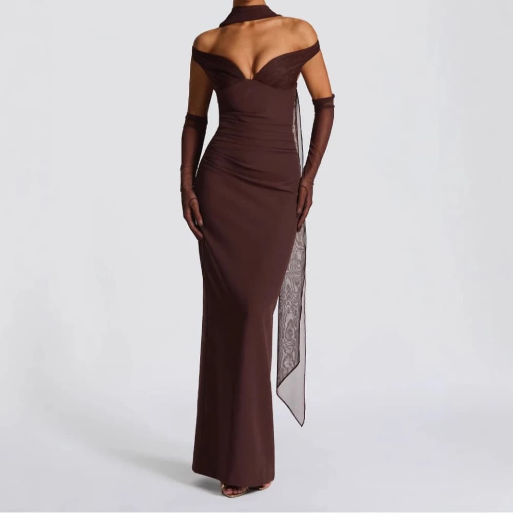 Off-Shoulder V-Neck Bodycon Maxi Dress