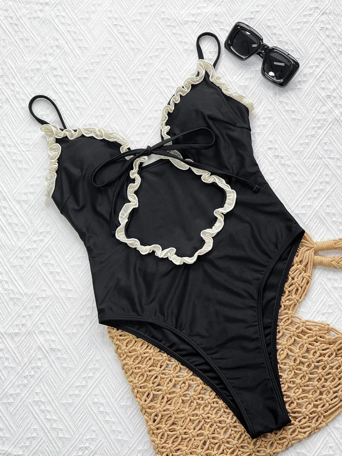 Lace Trim Hollow Out Front Tie One Piece Swimsuit