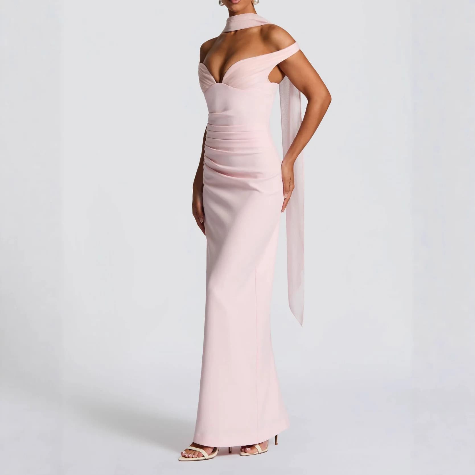 Off-Shoulder V-Neck Bodycon Maxi Dress