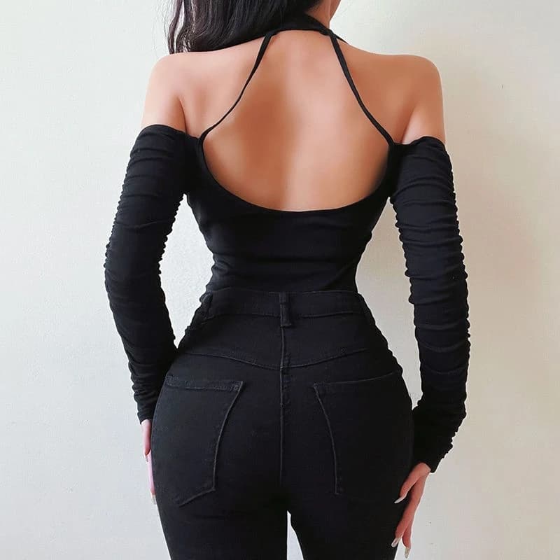 Halter Neck Off-Shoulder Long Sleeve Hollow Out Bodysuit