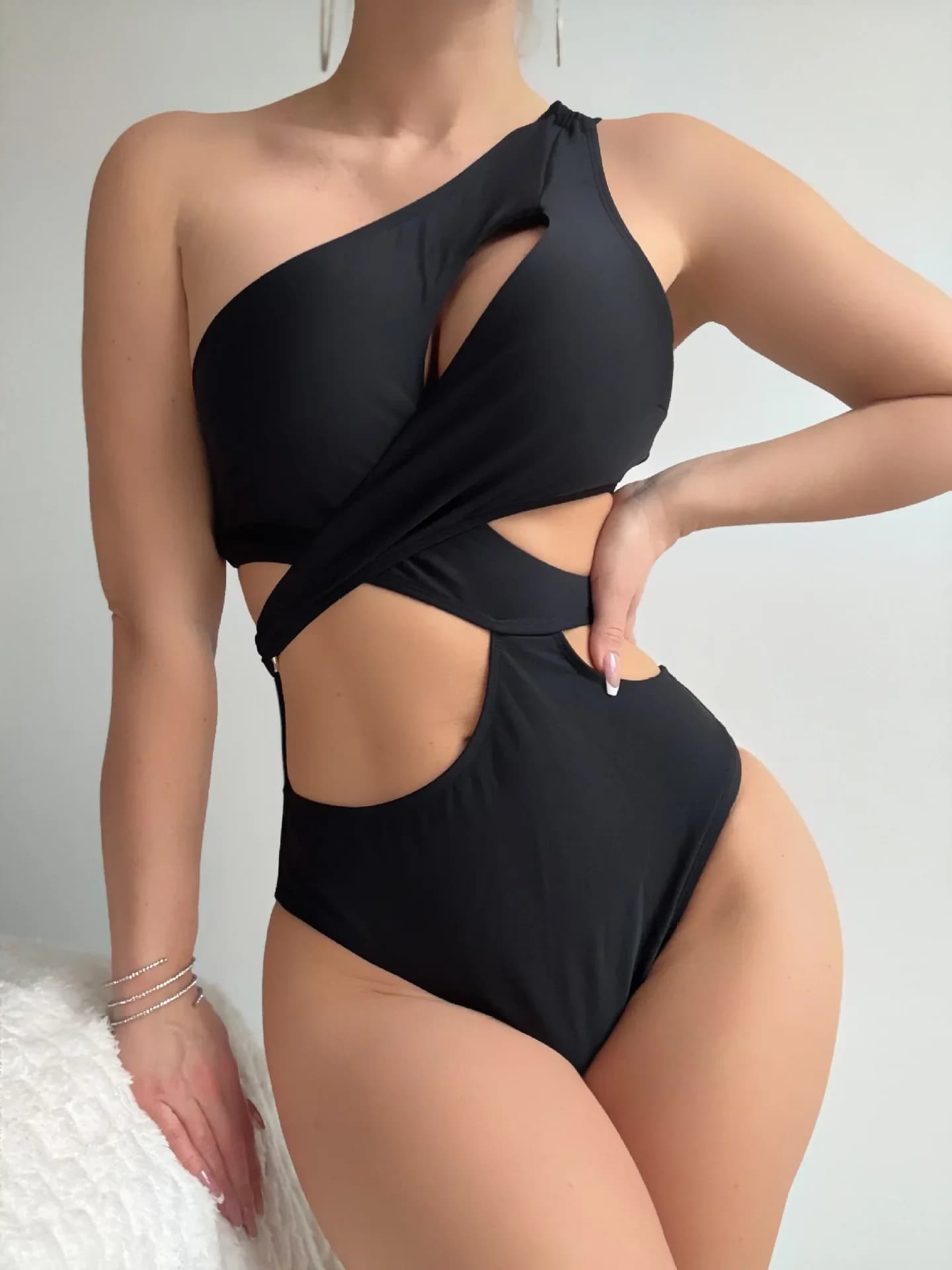 One Shoulder Cutout Wrap Monokini Swimsuit