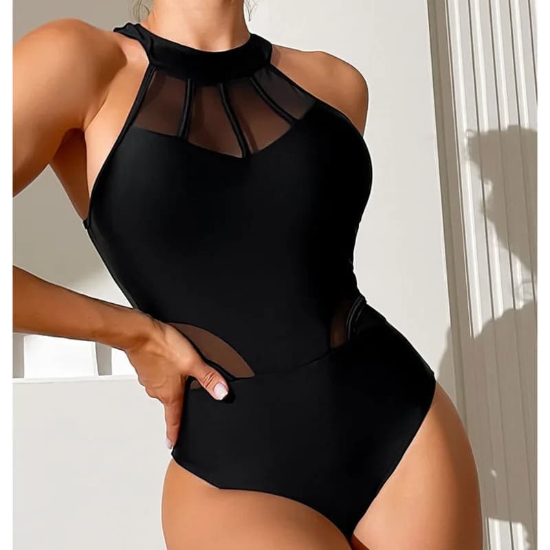 High Neck Mesh Panel Keyhole Back One Piece Swimsuit