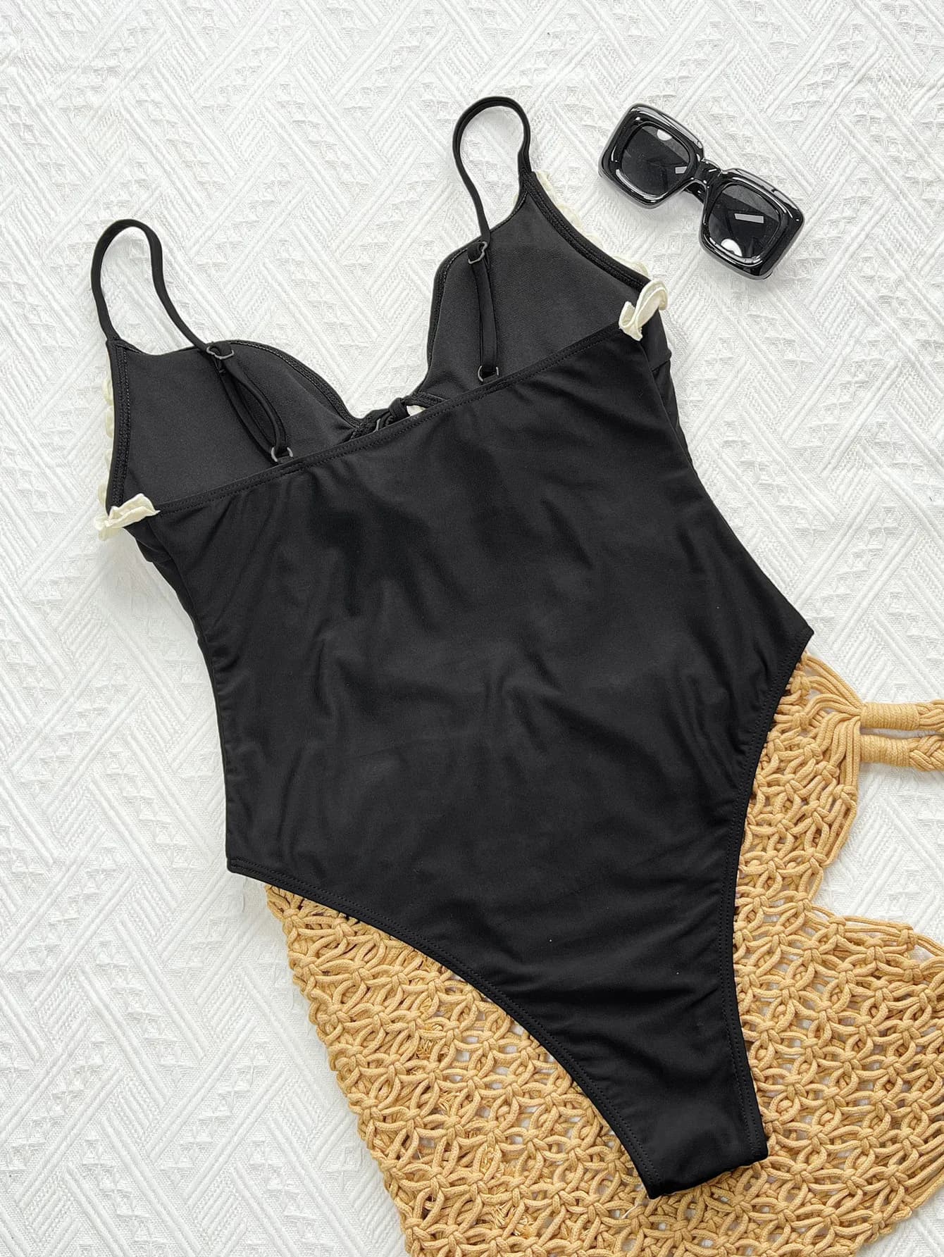 Lace Trim Hollow Out Front Tie One Piece Swimsuit