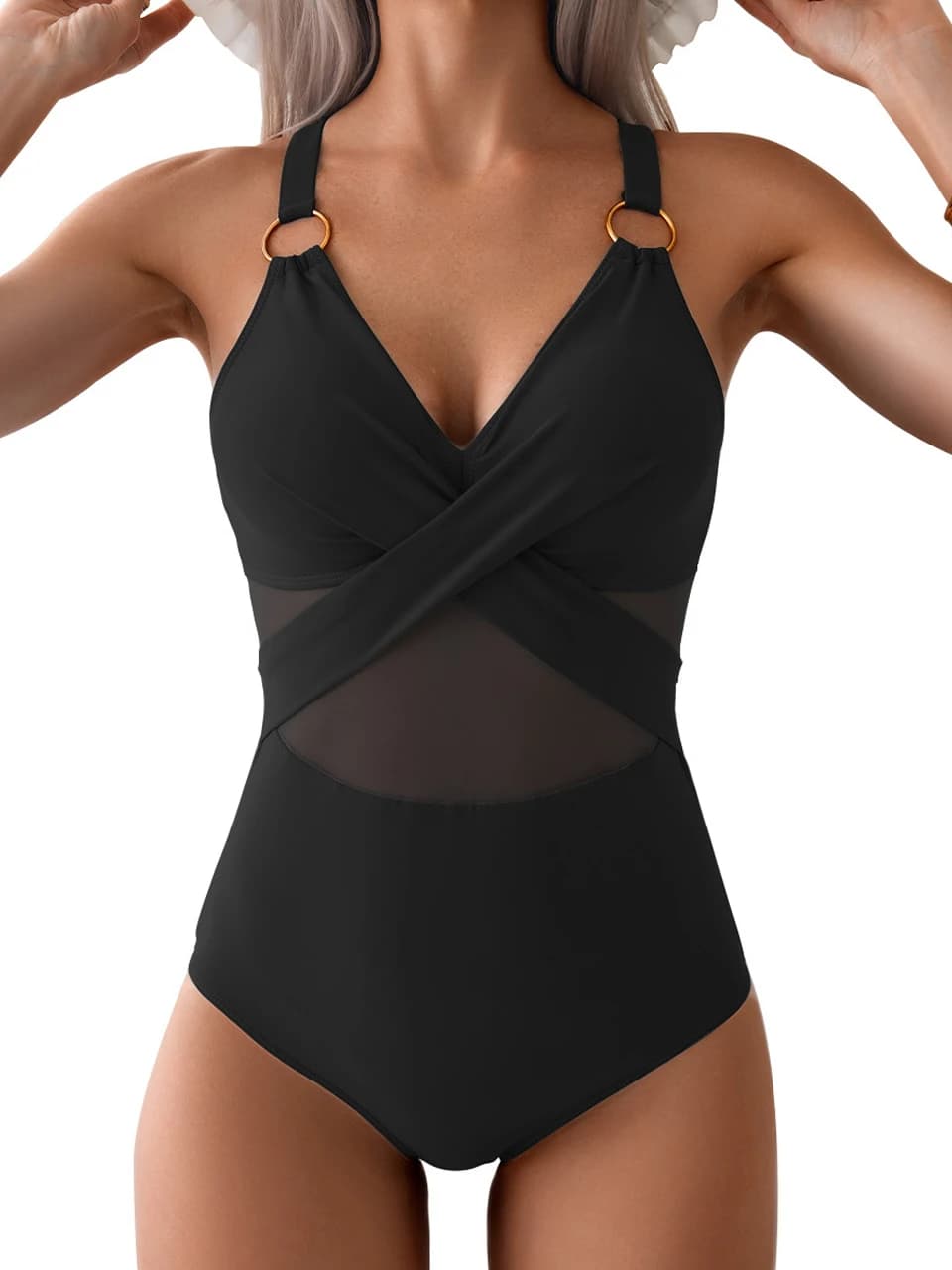 Ring Link Mesh Panel Wrap Front One Piece Swimsuit