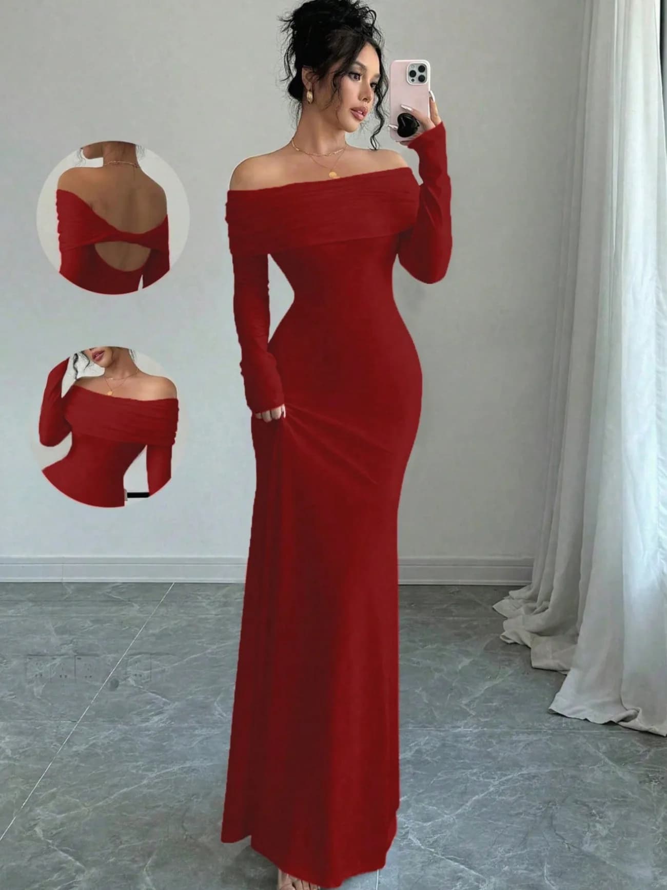 Off-Shoulder Ruched Satin Floor-Length Evening Gown
