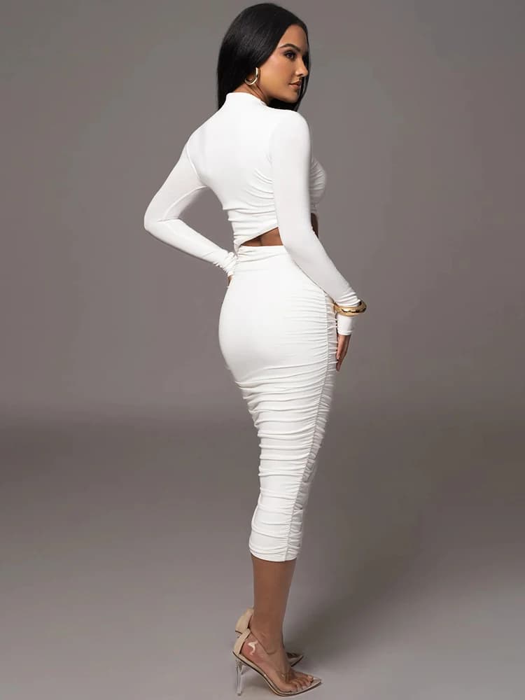Cutout Waist Ruched Long Sleeve Bodycon Midi Dress