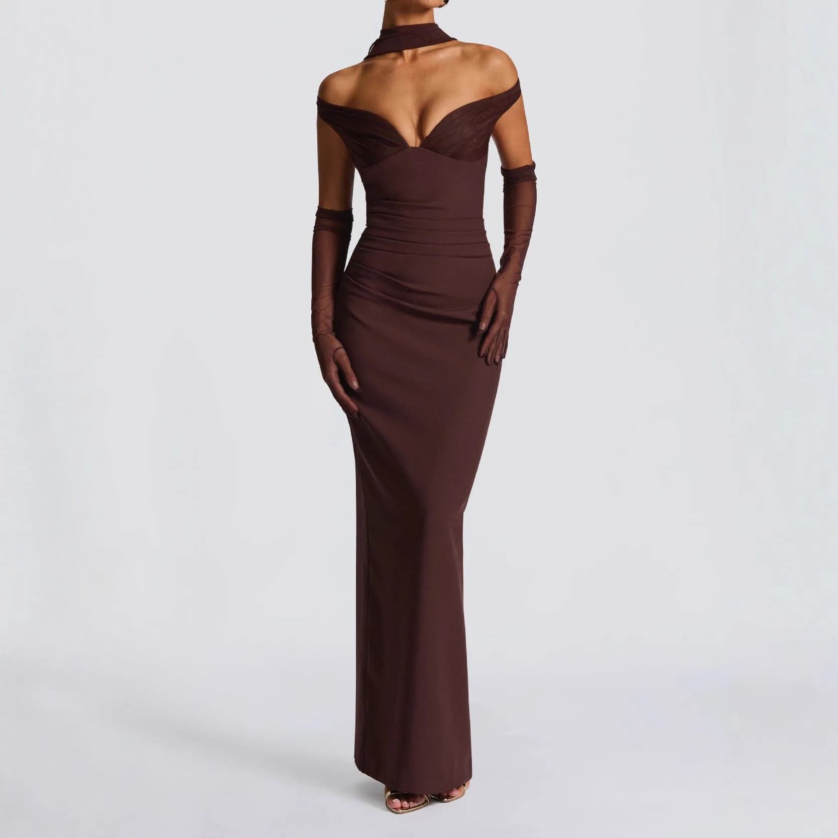 Off-Shoulder V-Neck Bodycon Maxi Dress