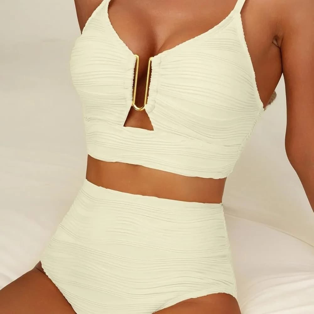 Textured Split Front High Waist Bikini Set