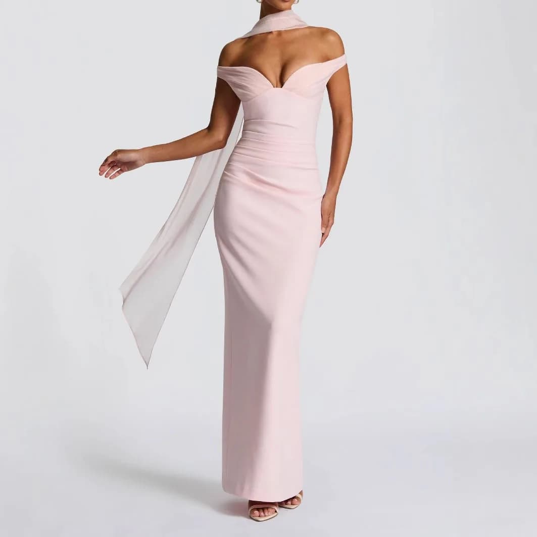 Off-Shoulder V-Neck Bodycon Maxi Dress