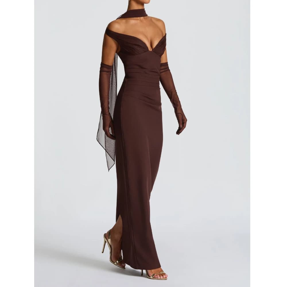 Off-Shoulder V-Neck Bodycon Maxi Dress