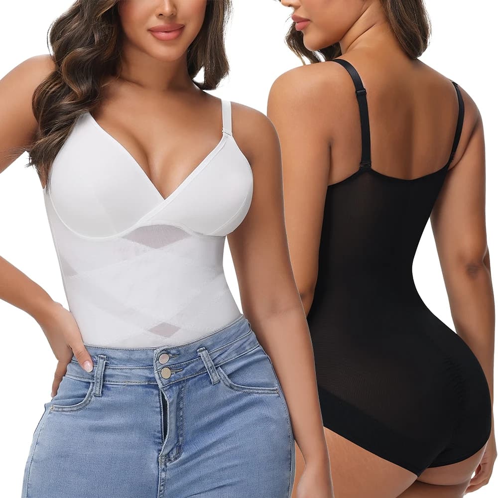 Cross Mesh Tummy Control Bodysuit Shapewear