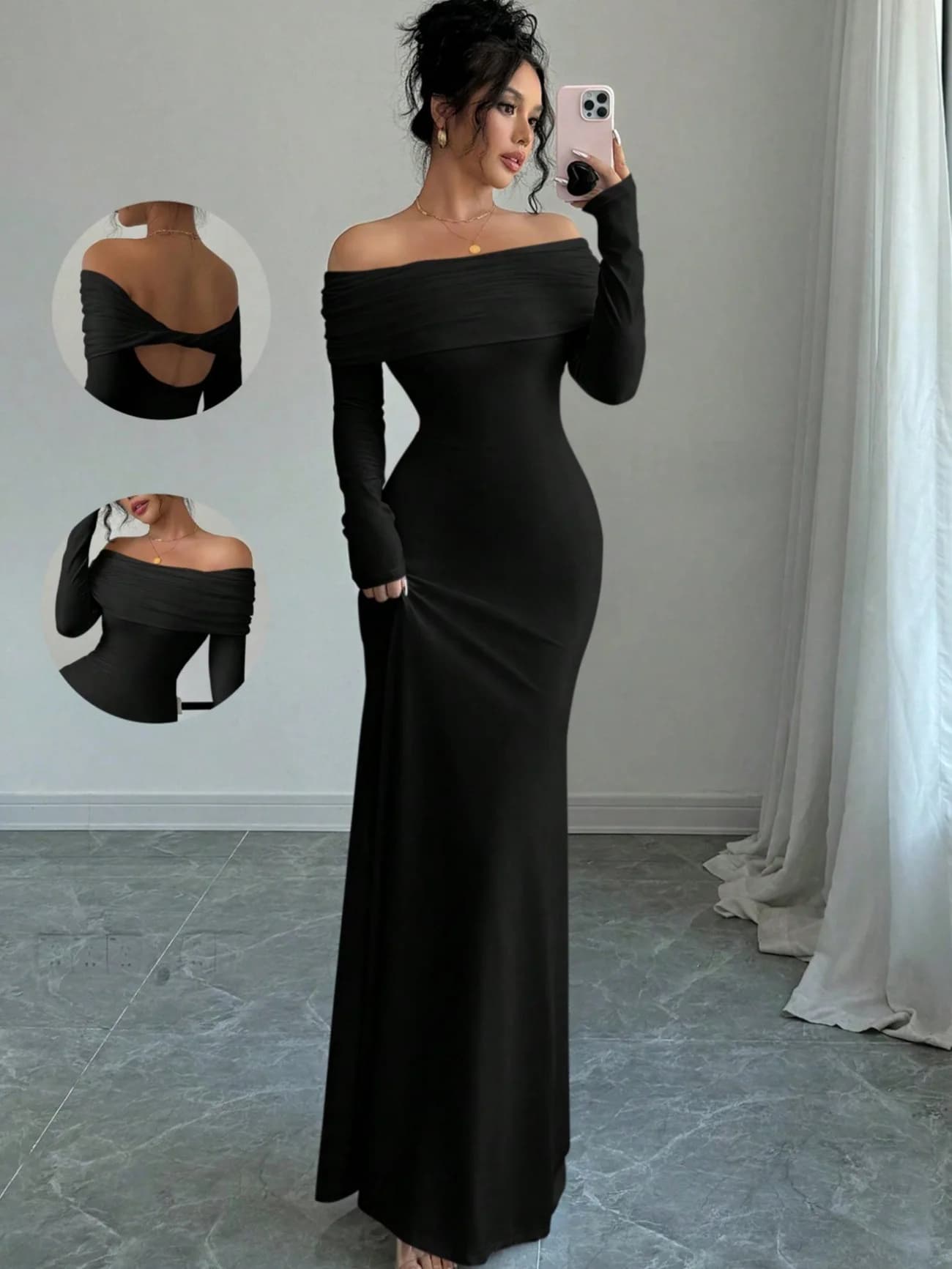 Off-Shoulder Ruched Satin Floor-Length Evening Gown
