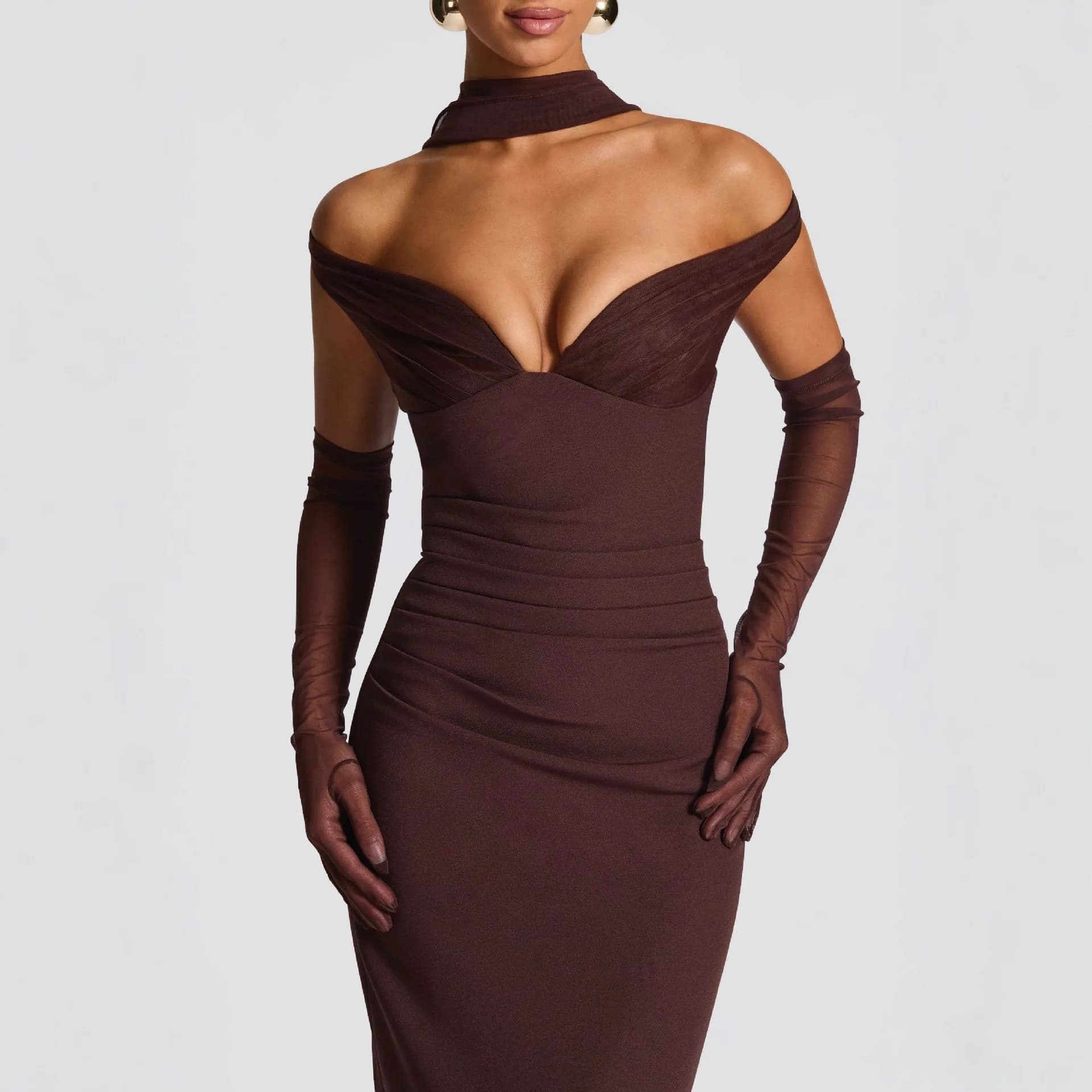 Off-Shoulder V-Neck Bodycon Maxi Dress