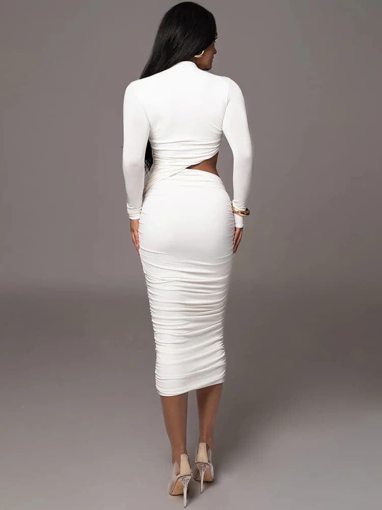 Cutout Waist Ruched Long Sleeve Bodycon Midi Dress