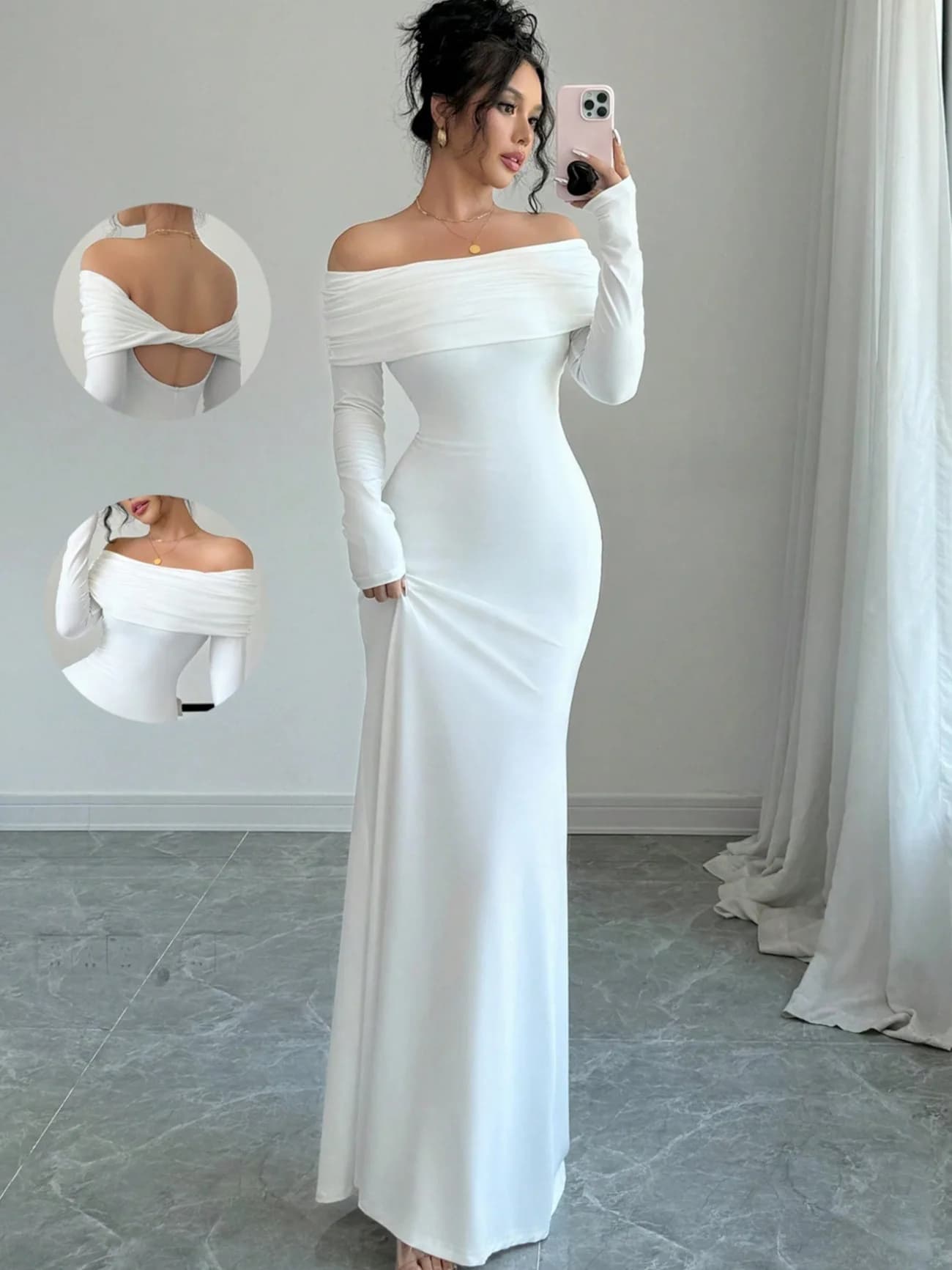 Off-Shoulder Ruched Satin Floor-Length Evening Gown