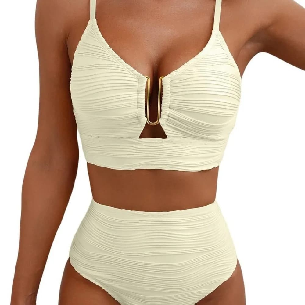 Textured Split Front High Waist Bikini Set