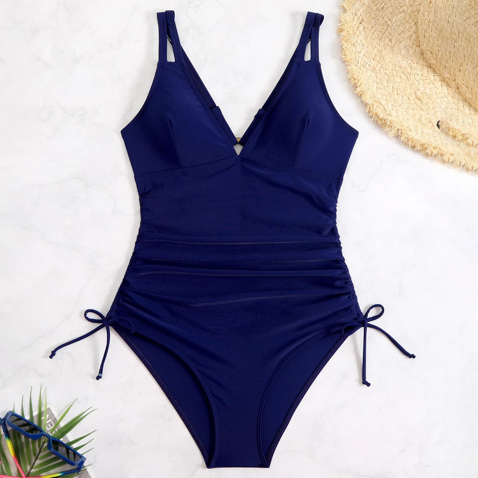 V Neck Backless Drawstring One Piece Swimsuit