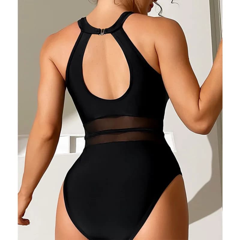 High Neck Mesh Panel Keyhole Back One Piece Swimsuit