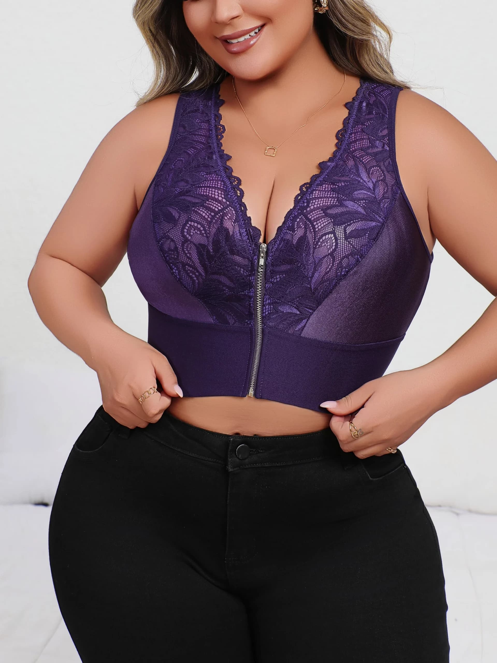 Plus Size Lace Embroidered Front Zip Plunge Bra