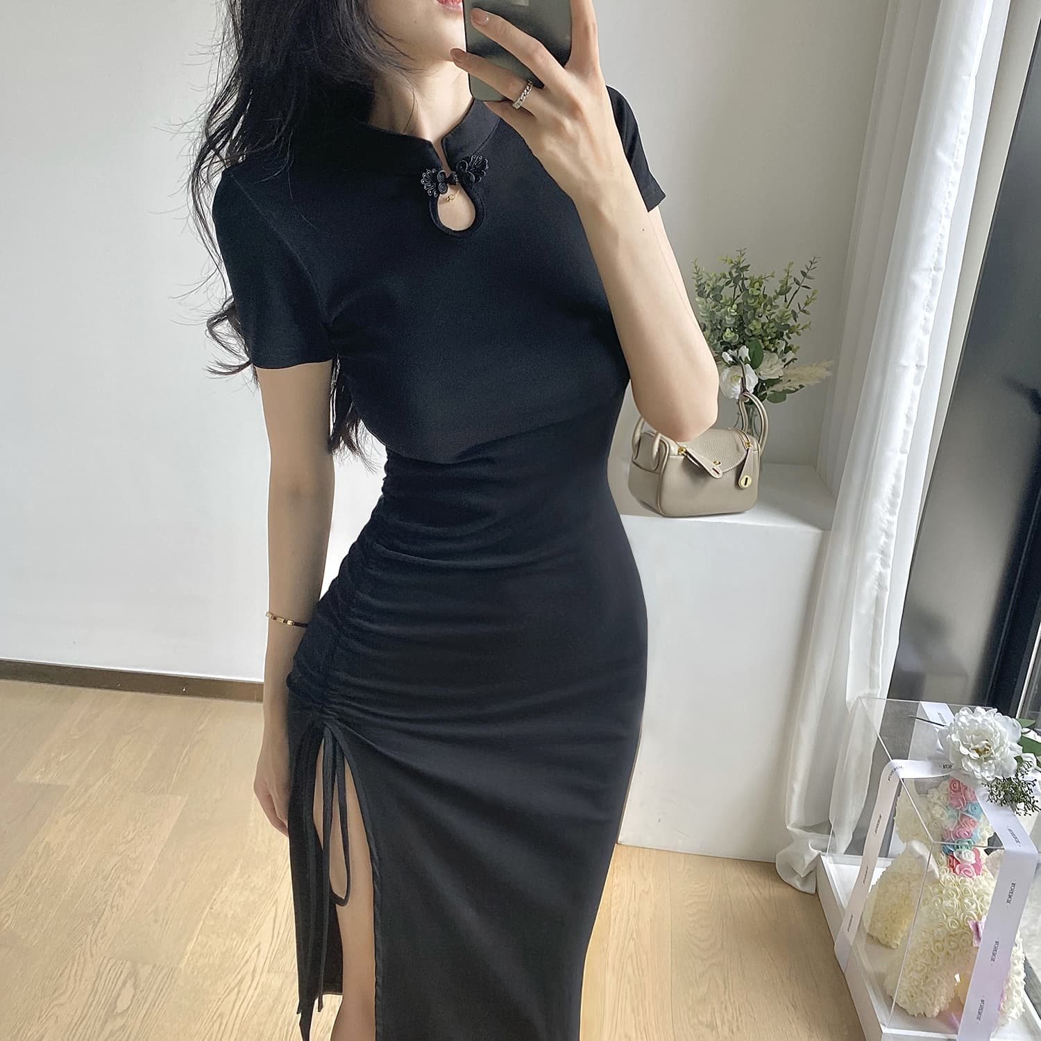 Black Ruched Bodycon Midi Dress with Side Slit & Mandarin Collar