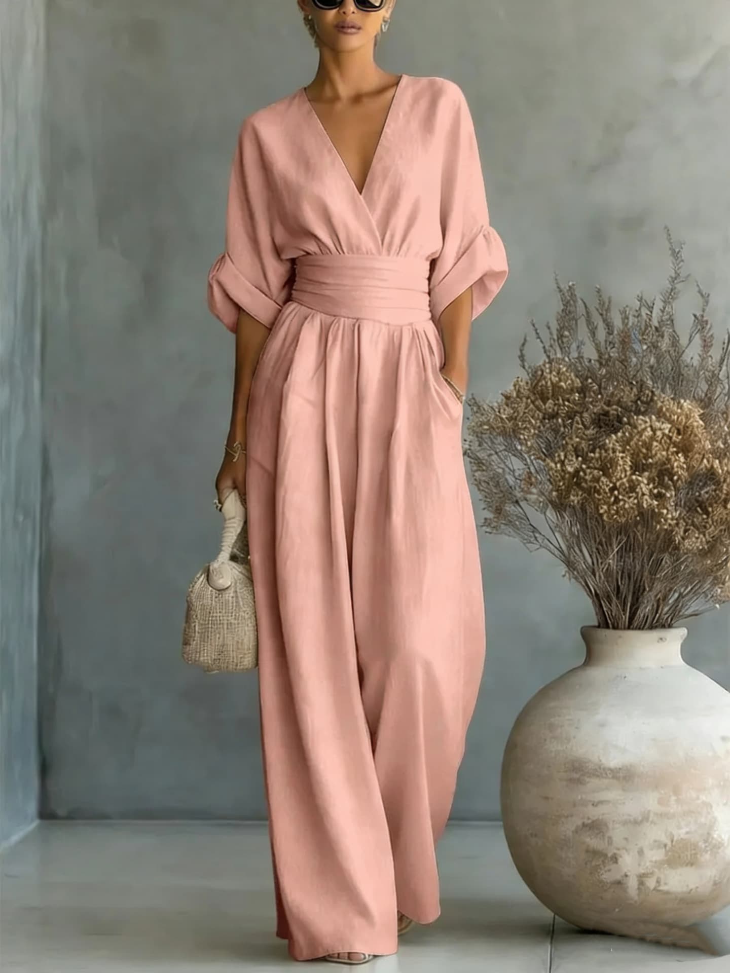 Chic V Neck Wide Leg Jumpsuit with Belt