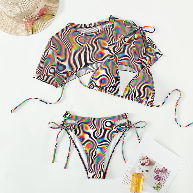Colorful Swirl Print Bikini and Crop Top Swimsuit Set