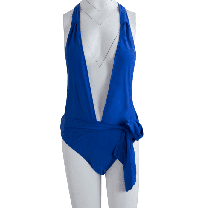 Low Cut Halter One Piece Swimsuit with Tie Waist