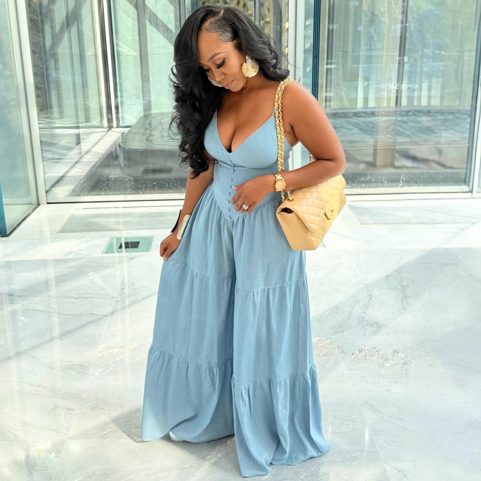 Chic Deep V Neck High Waisted Wide Leg Jumpsuit