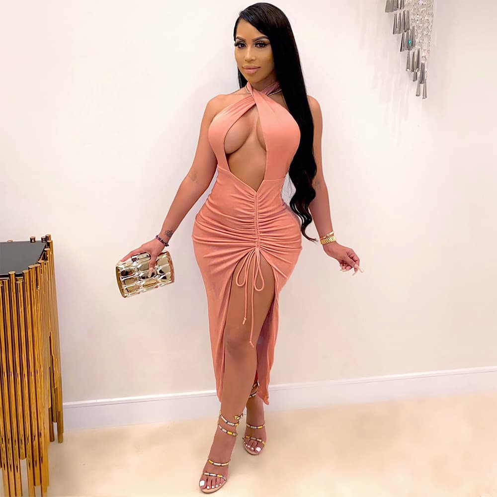 Ruched Halterneck Deep V Slit Maxi Dress