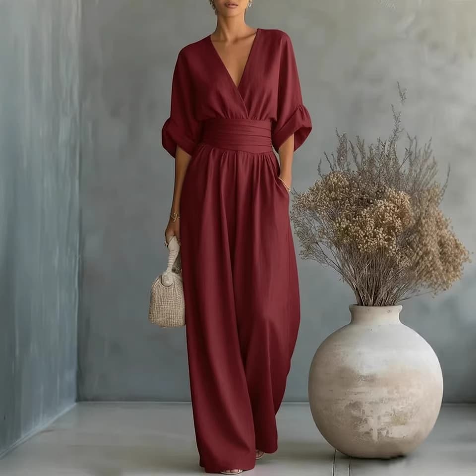 Chic V Neck Wide Leg Jumpsuit with Belt