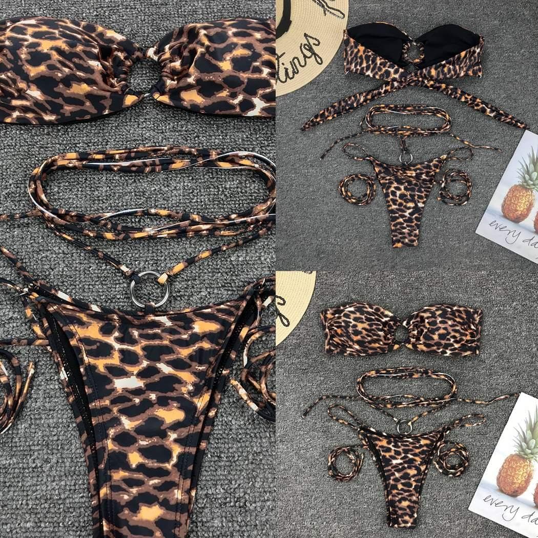 Leopard Print Bandeau Bikini Set with O Ring Detail