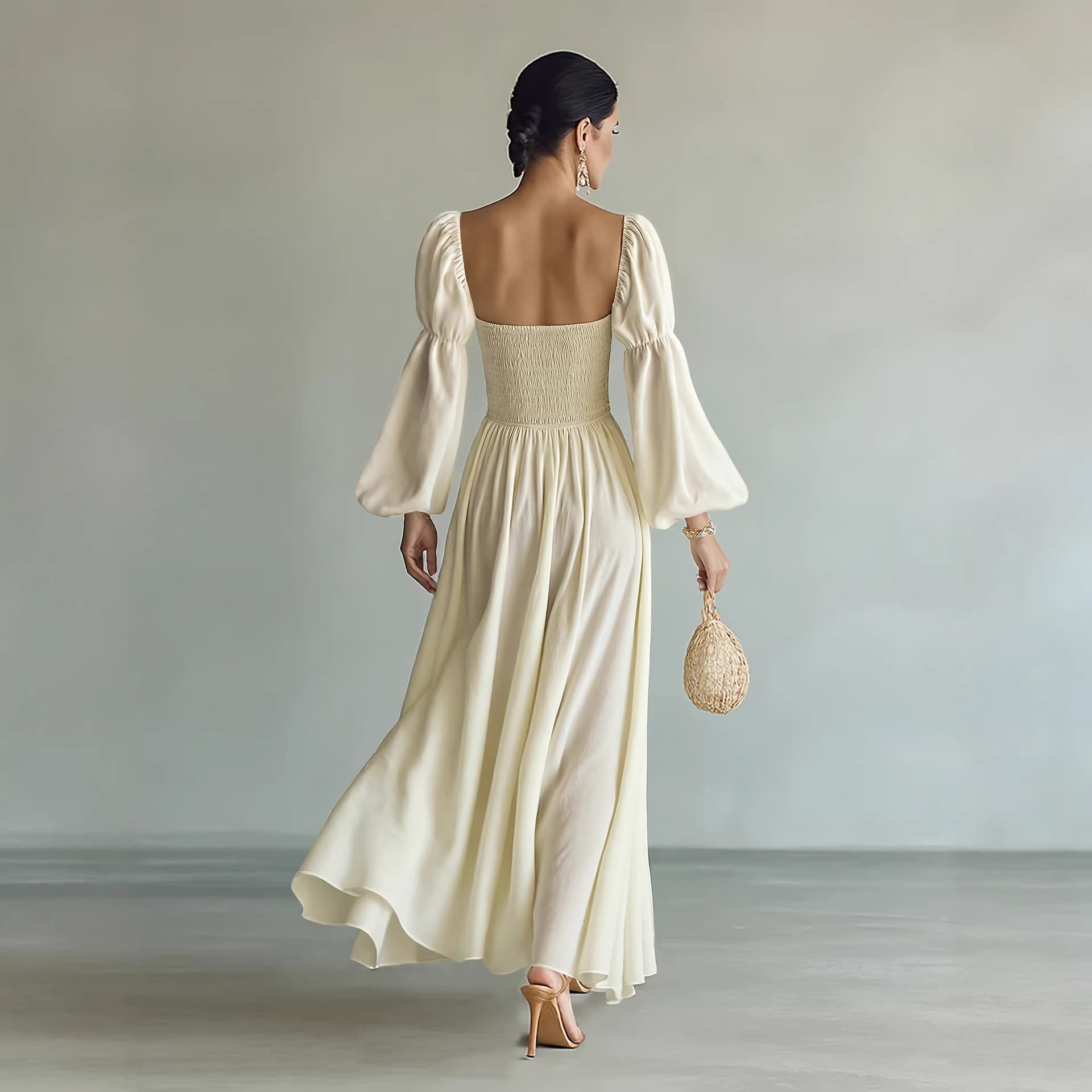Elegant Puff Sleeve Ruched Waist Maxi Dress