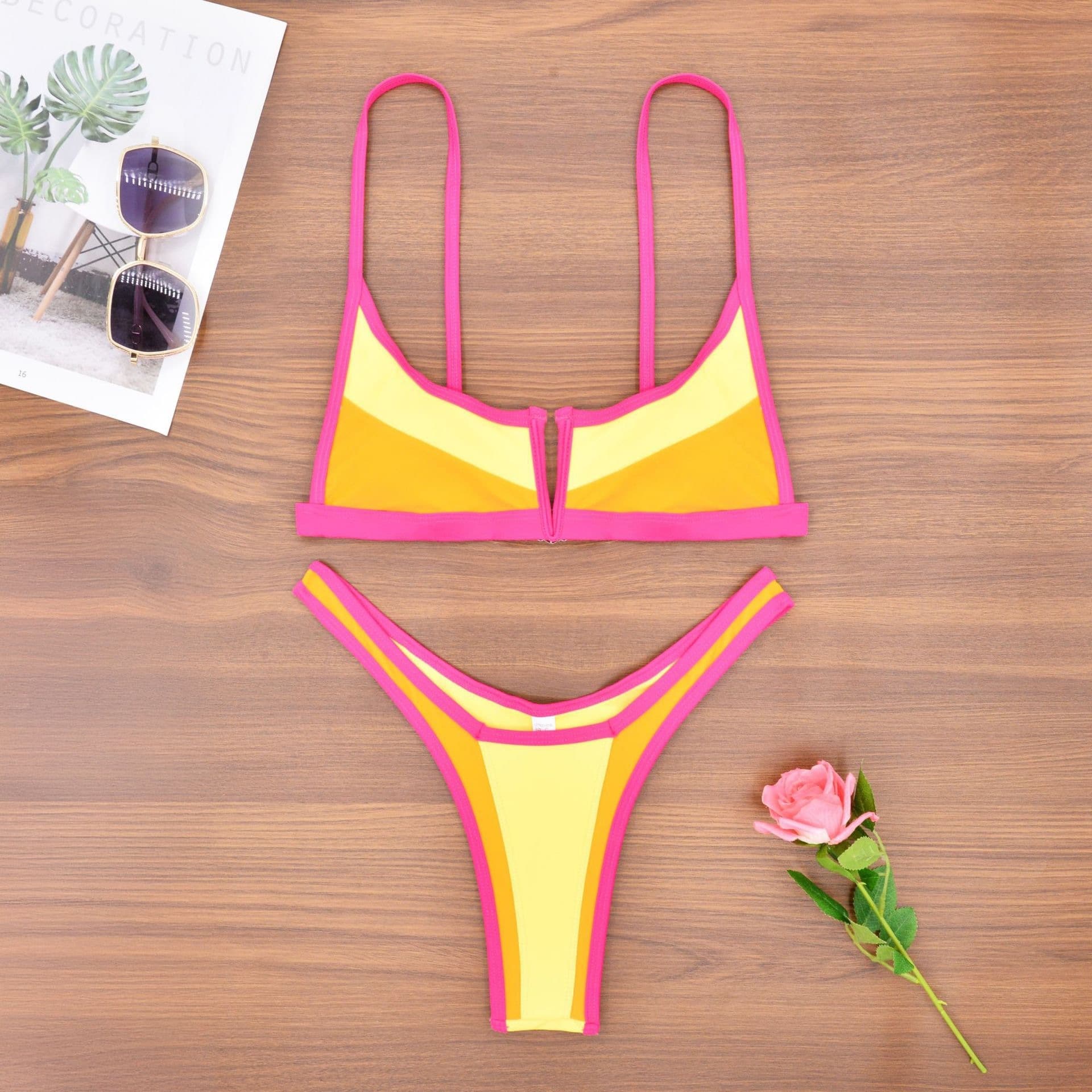 Color Block Bikini Set and V Cut Bandeau Swimsuit
